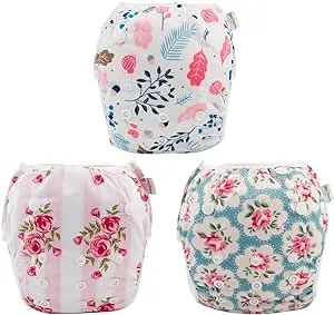 New 3 PACK Babygoal Baby Reusable Swim Diapers,Washable and Adjustable Snaps Grow with your child for Babies 0-3 Years, Great for Swim Lessons, Pool or Beach! Floral! Retails $22
