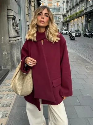 New Fashion Burgundy Red Woolen Suit Jacket With Scarf Collar Women Chic Oversized Flip Pockets Solid Coats Lady Streetwear
