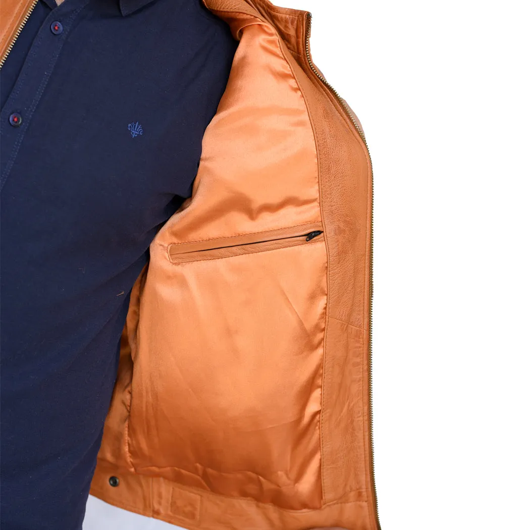 New Mens Genuine Sheep Skin Leather Fashion Jacket Brown 4 Zipped chest Pocket