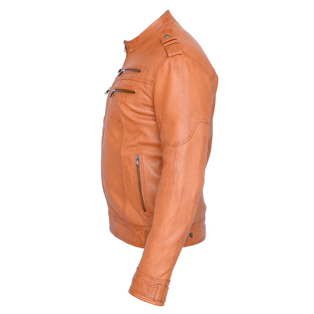 New Mens Genuine Sheep Skin Leather Fashion Jacket Brown 4 Zipped chest Pocket