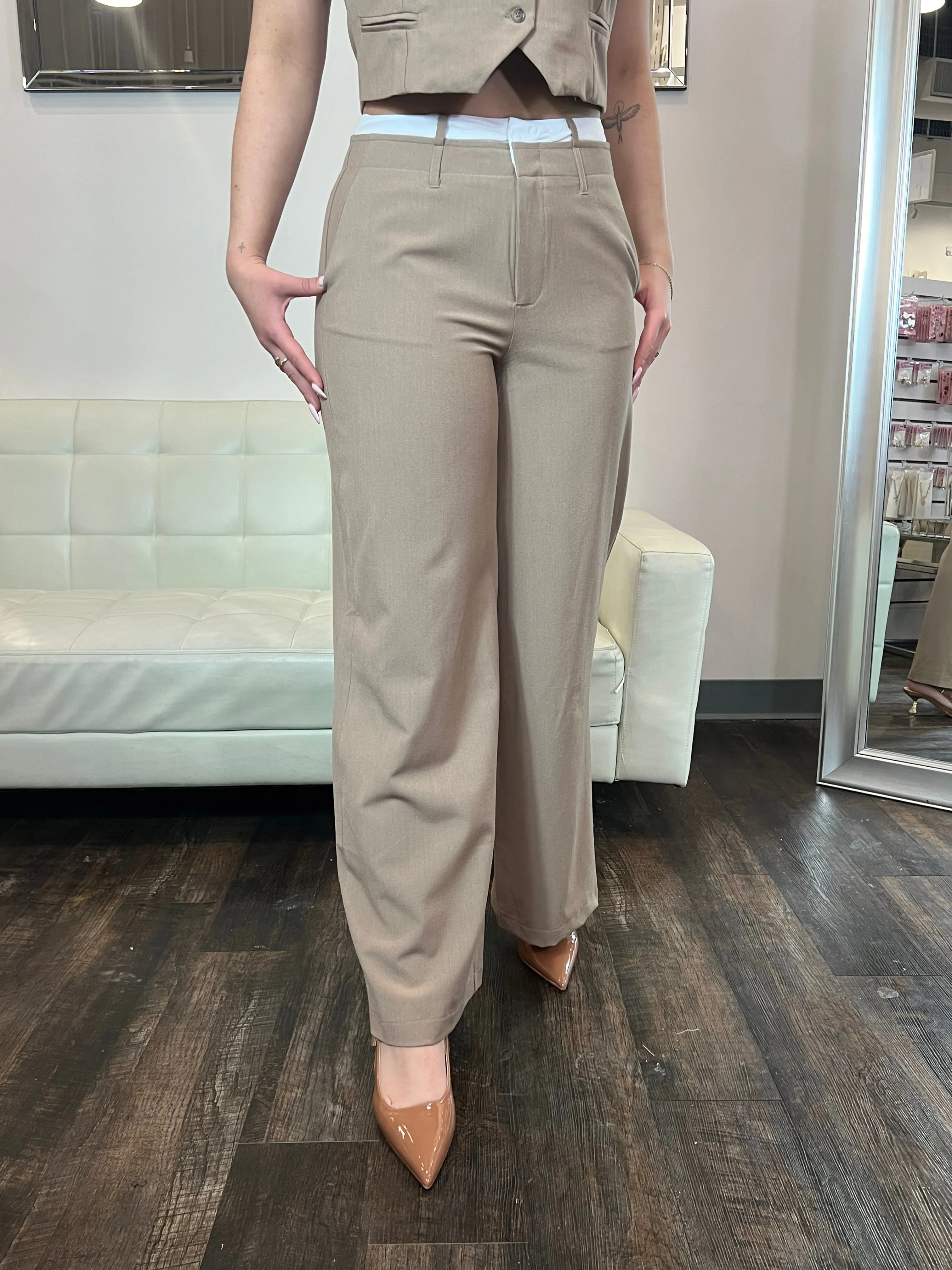 Nora Double Lined Waistband Pants- Taupe