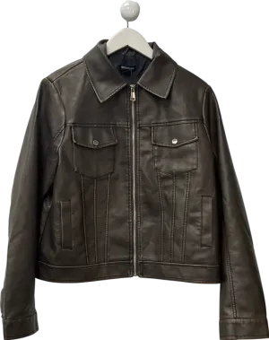 PrettyLittleThing Washed Brown Faux Leather Brushed Seams Biker Jacket UK 10