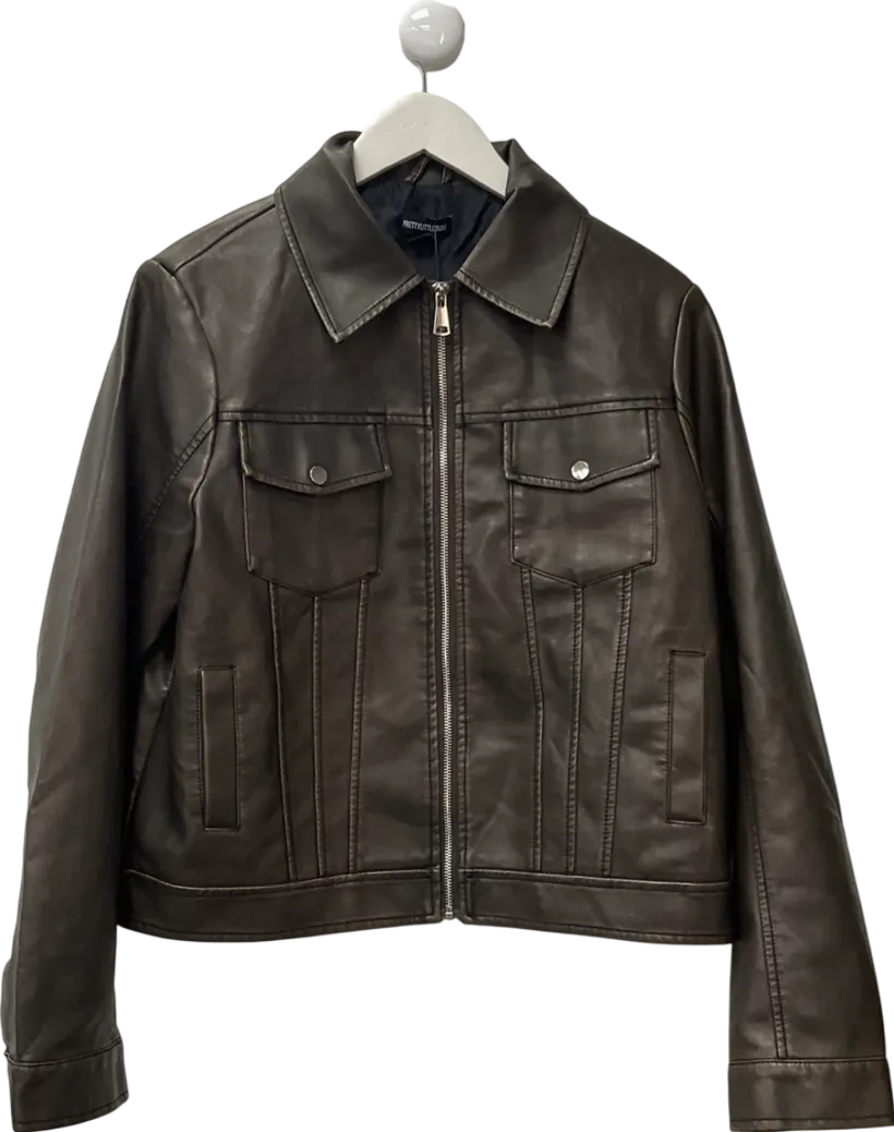PrettyLittleThing Washed Brown Faux Leather Brushed Seams Biker Jacket UK 10