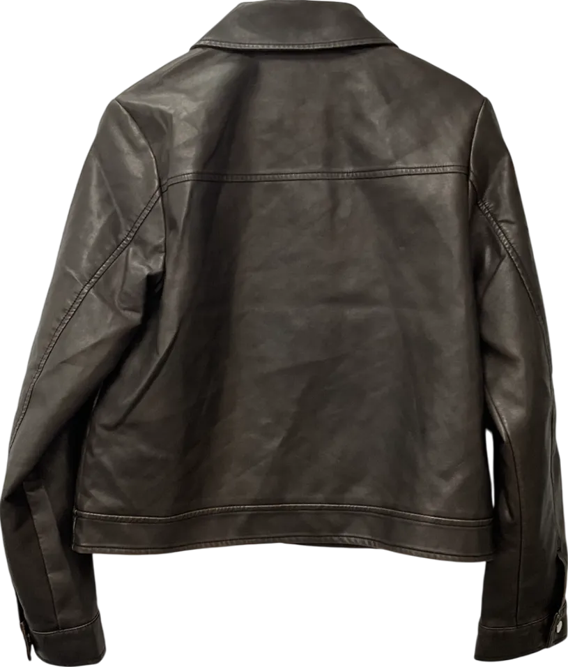 PrettyLittleThing Washed Brown Faux Leather Brushed Seams Biker Jacket UK 10