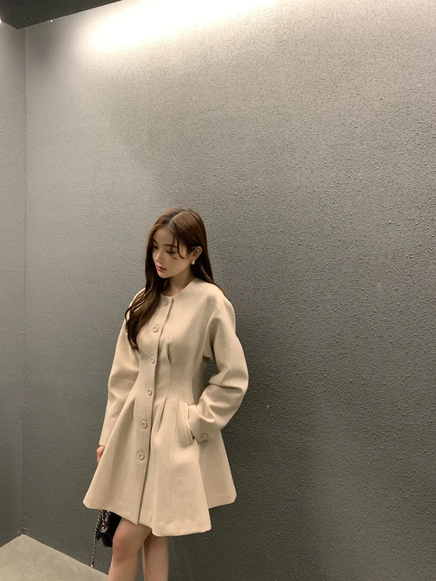 Retro round neck slim waist woolen coat