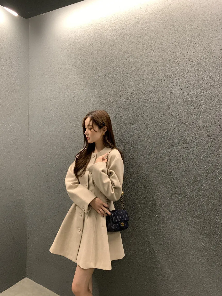 Retro round neck slim waist woolen coat