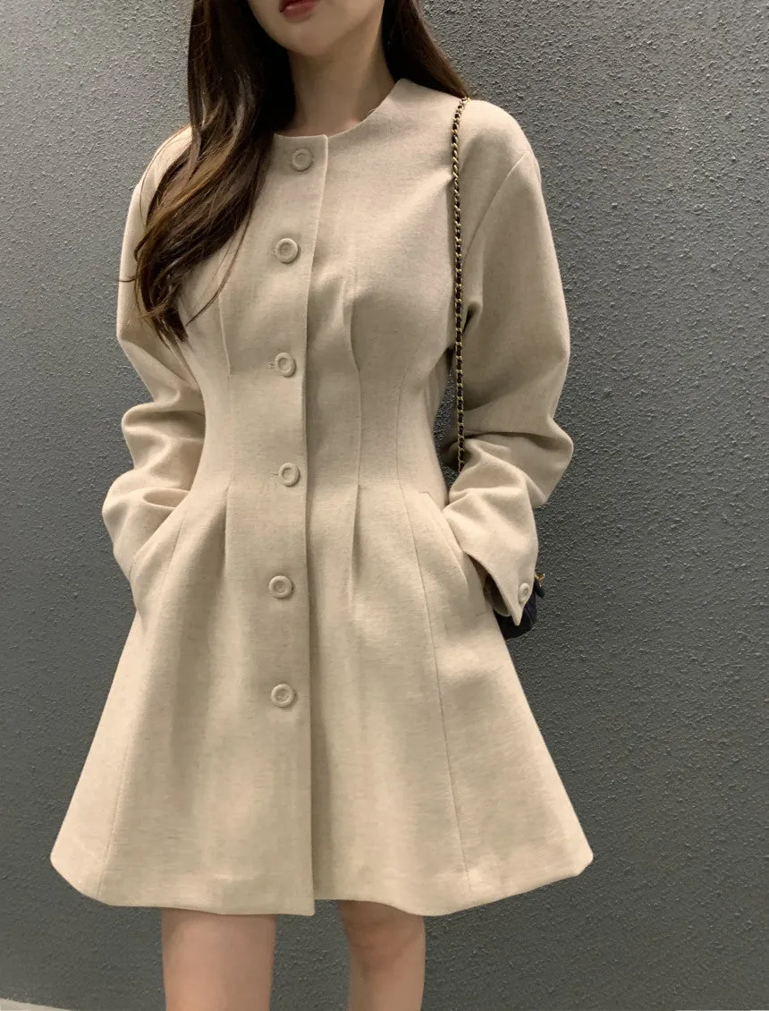 Retro round neck slim waist woolen coat