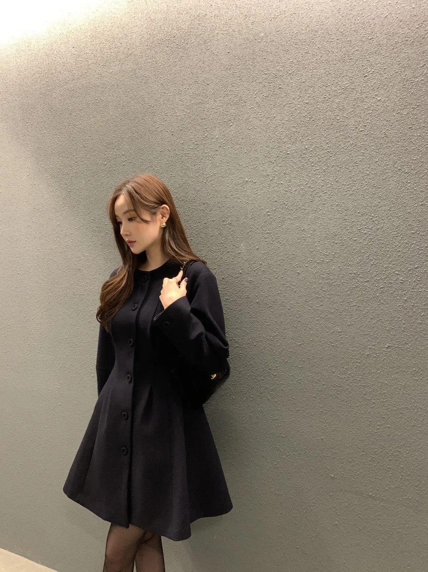 Retro round neck slim waist woolen coat