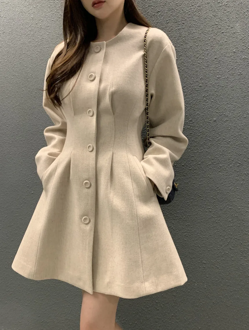 Retro round neck slim waist woolen coat