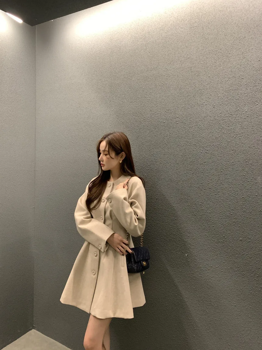 Retro round neck slim waist woolen coat