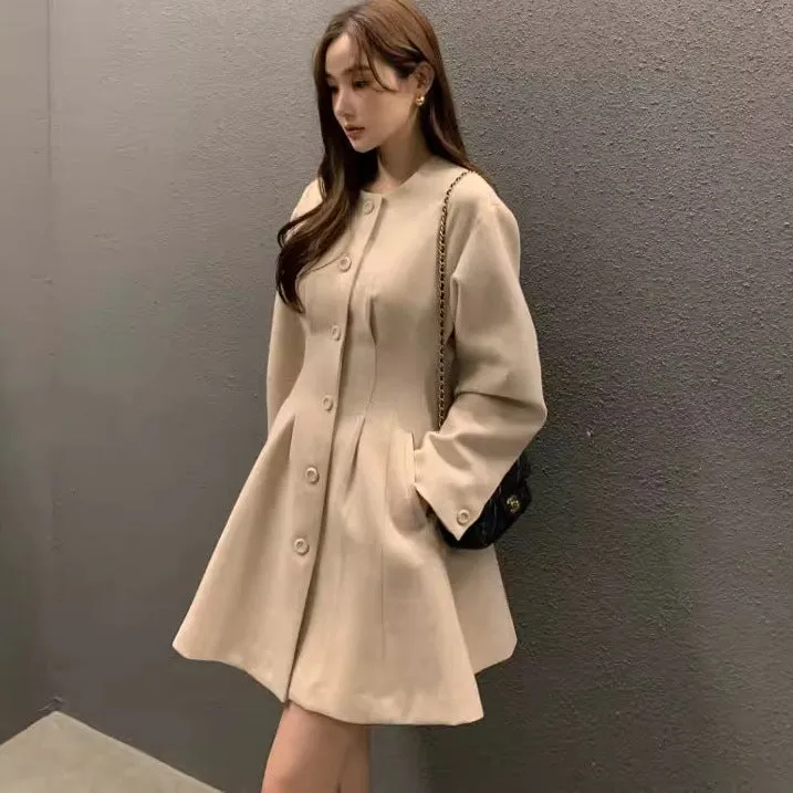Retro round neck slim waist woolen coat