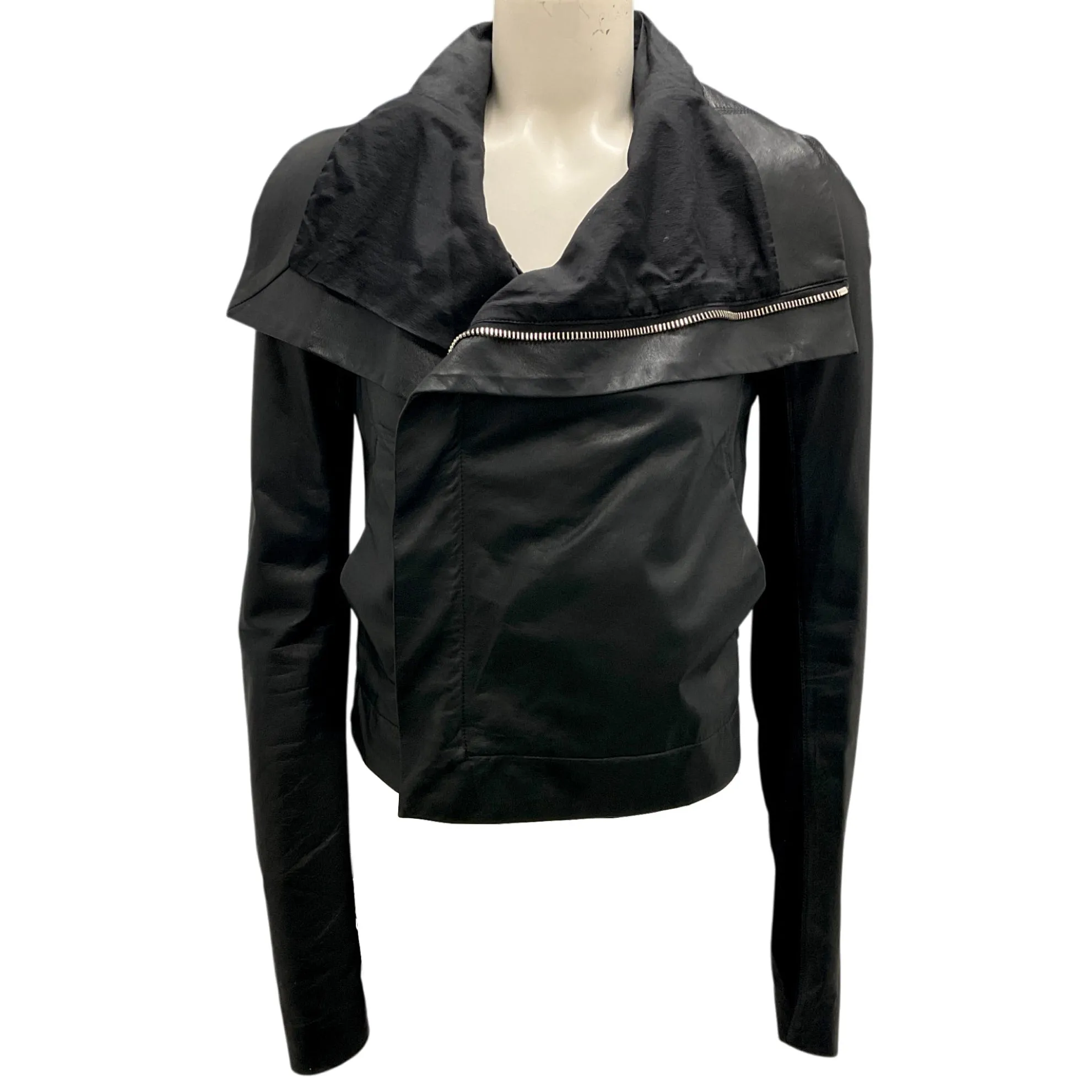 Rick Owens Black Draped Moto Zip Leather Jacket