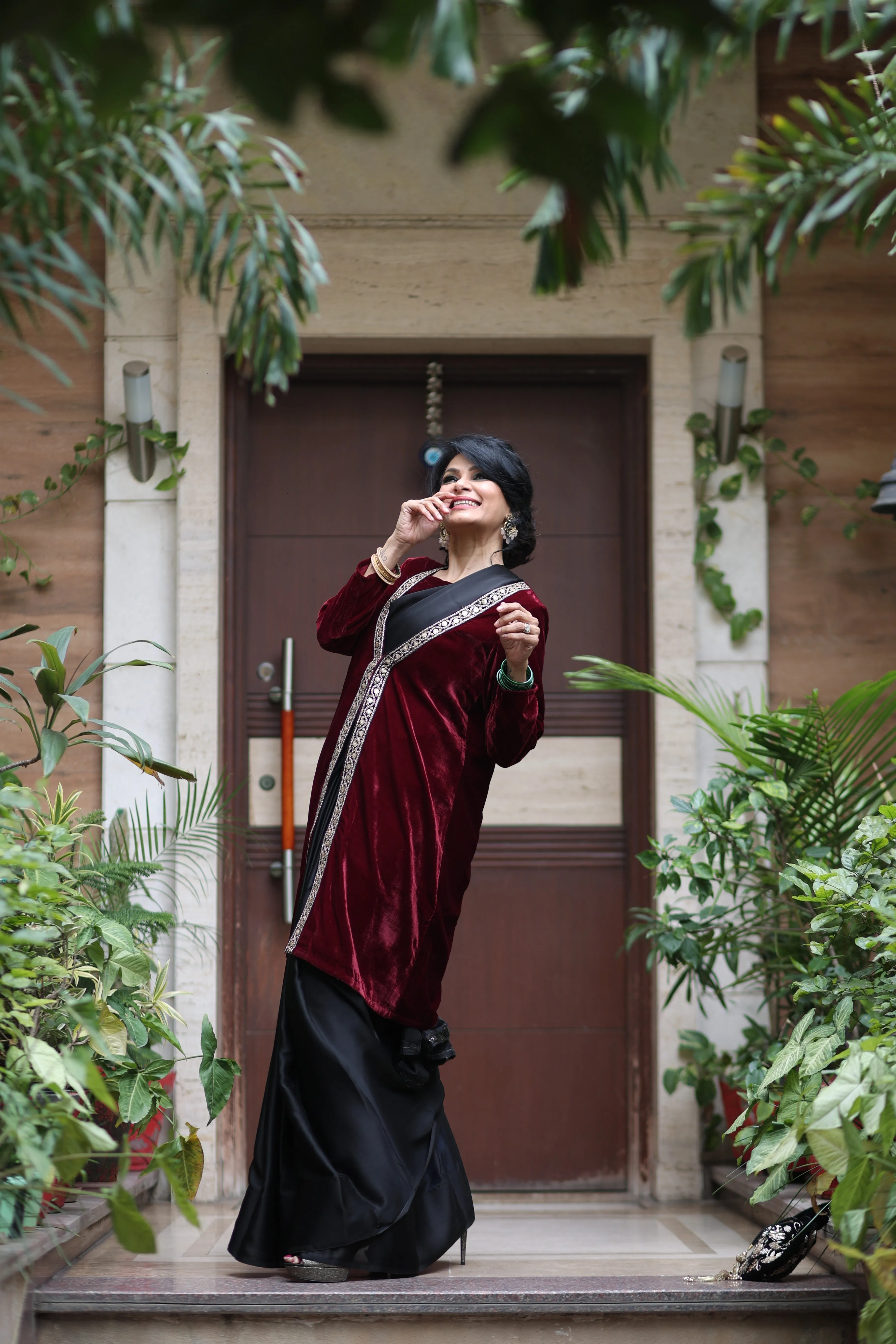 Sangria Velvet Jacket with Lace & Pocket