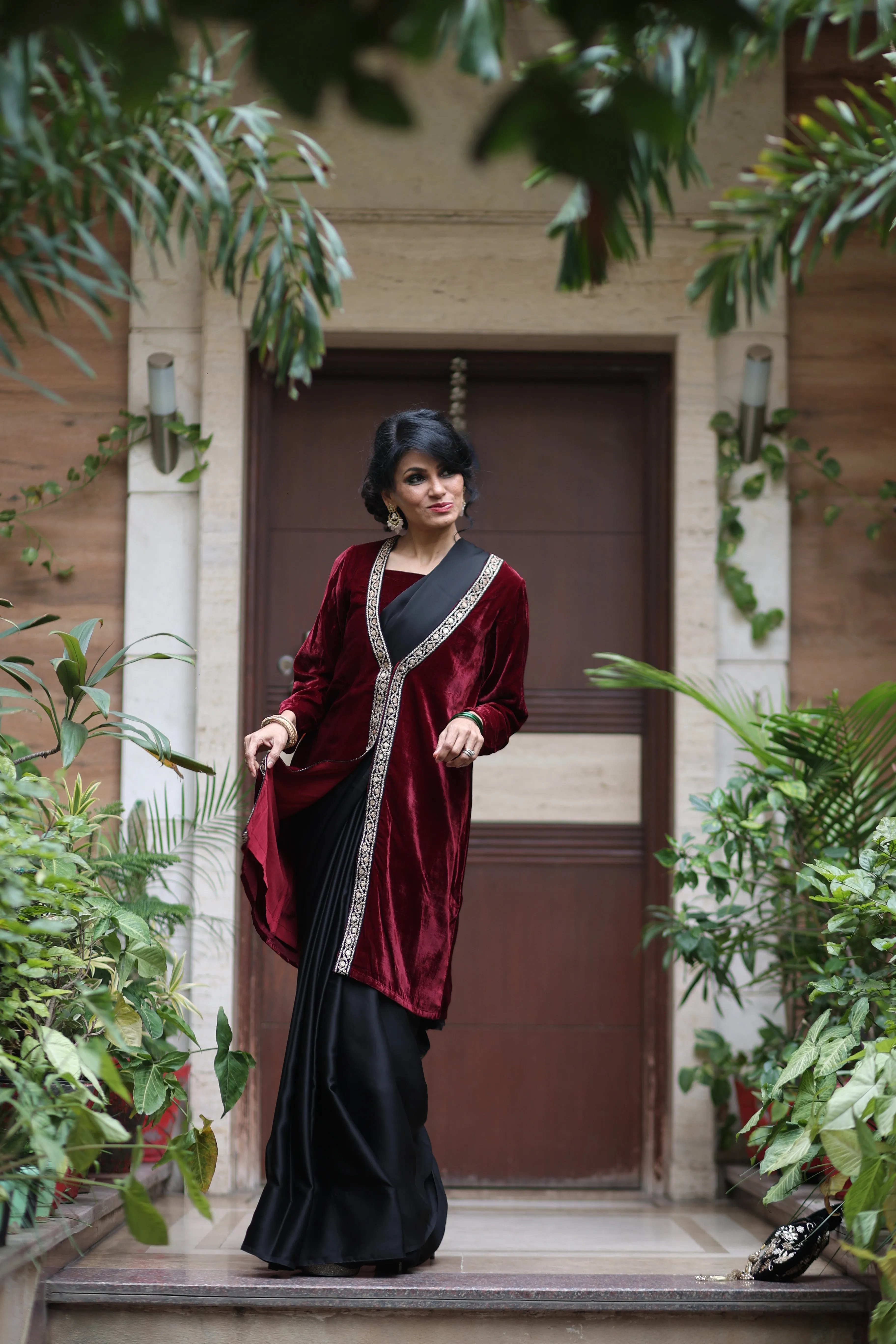 Sangria Velvet Jacket with Lace & Pocket