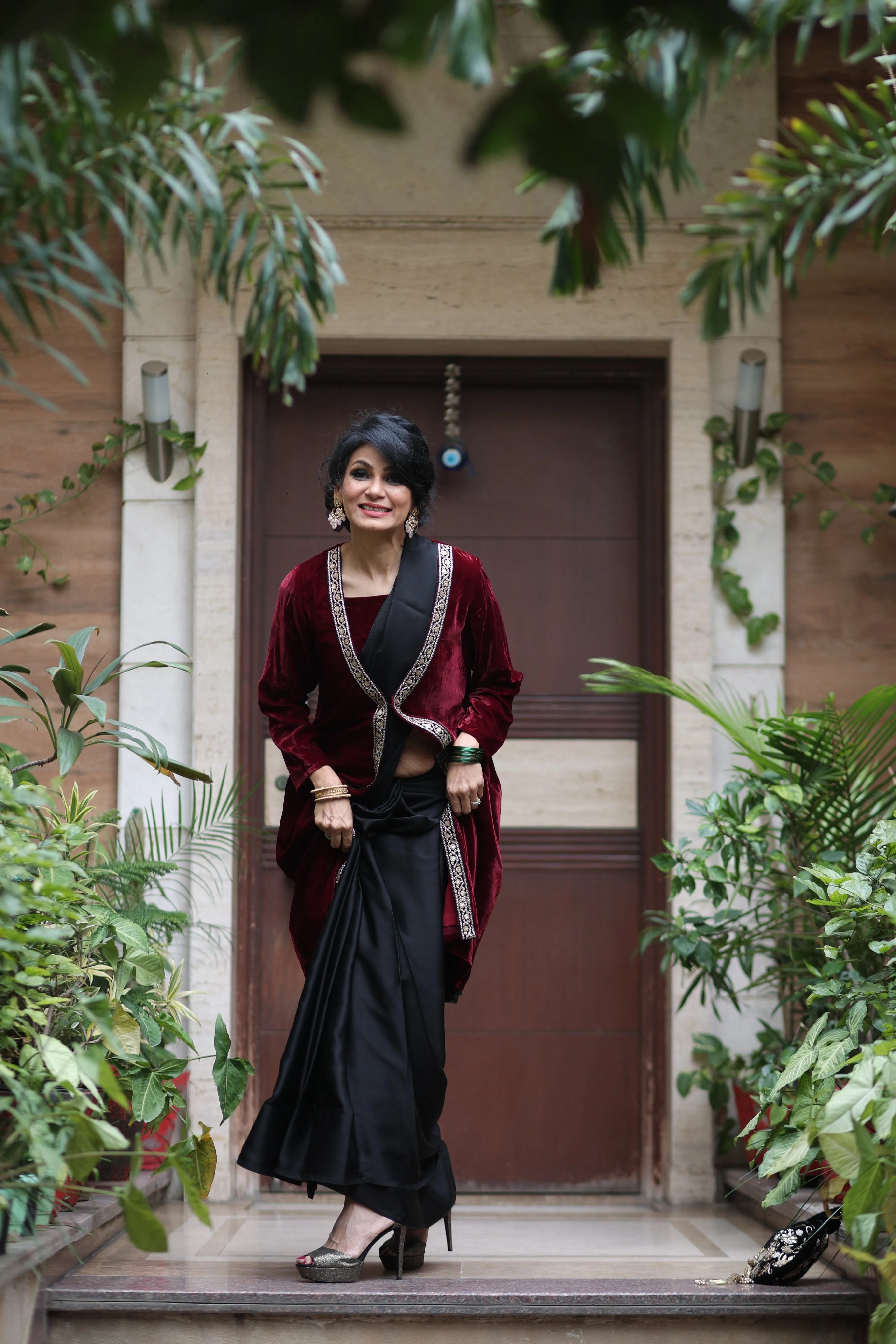 Sangria Velvet Jacket with Lace & Pocket
