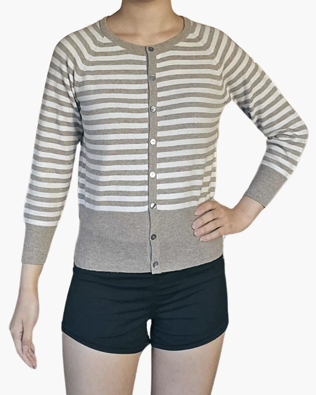 STRIPE SHRUNKEN CARDIGAN IN LIGHT BROWN