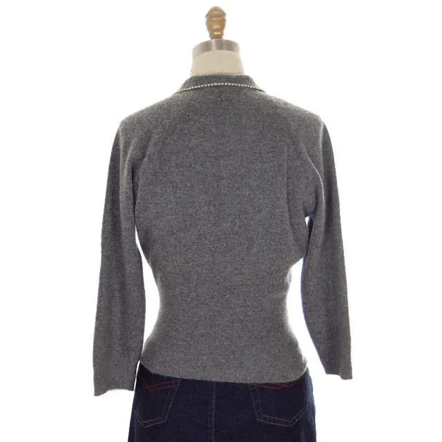 Vintage Cashmere Sweater Ladies Heather Gray B. Altman Shawl 1950s Small- Med