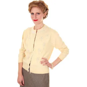 Vintage Cream Colored Cashmere Beaded Cardigan Sweater 1950s Lg