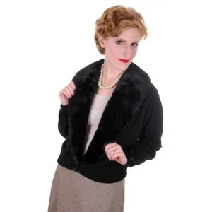Vintage Ladies Black Cashmere Sweater w/Black Mink Collar 1950s Lg-XL