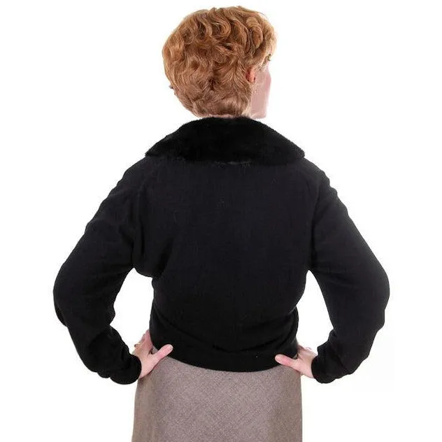 Vintage Ladies Black Cashmere Sweater w/Black Mink Collar 1950s Lg-XL