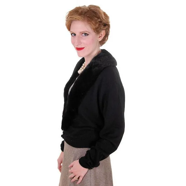 Vintage Ladies Black Cashmere Sweater w/Black Mink Collar 1950s Lg-XL