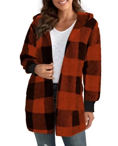 Winter Coats Woman 2024 Vintage Loose Plaid Woolen Cardigan Jacket Hooded Sweatshirt Casual Medium To Long Plush Cardigan Jacket