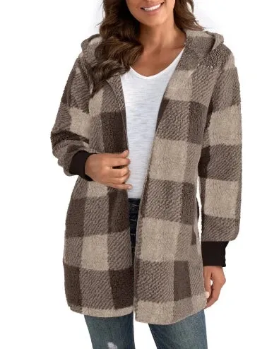 Winter Coats Woman 2024 Vintage Loose Plaid Woolen Cardigan Jacket Hooded Sweatshirt Casual Medium To Long Plush Cardigan Jacket