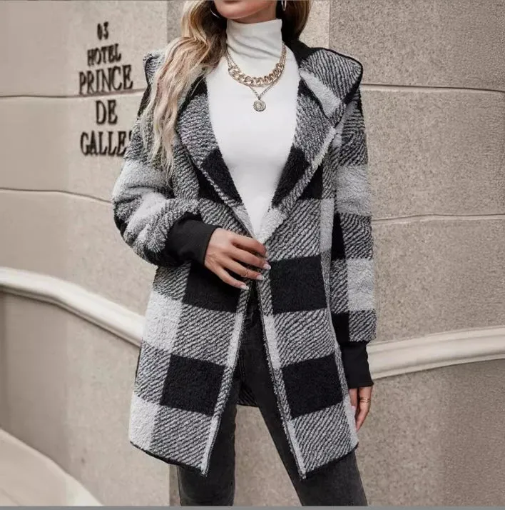 Winter Coats Woman 2024 Vintage Loose Plaid Woolen Cardigan Jacket Hooded Sweatshirt Casual Medium To Long Plush Cardigan Jacket
