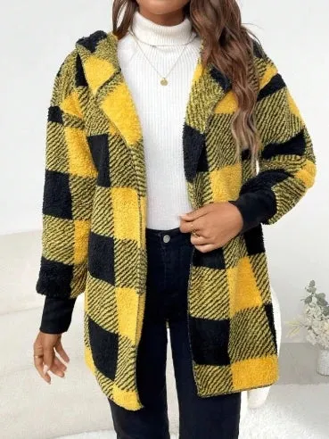 Winter Coats Woman 2024 Vintage Loose Plaid Woolen Cardigan Jacket Hooded Sweatshirt Casual Medium To Long Plush Cardigan Jacket