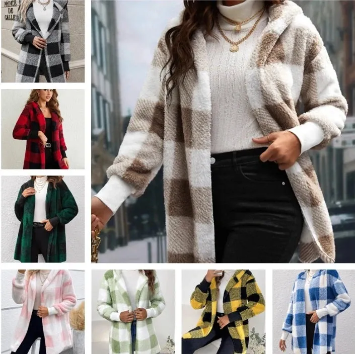 Winter Coats Woman 2024 Vintage Loose Plaid Woolen Cardigan Jacket Hooded Sweatshirt Casual Medium To Long Plush Cardigan Jacket