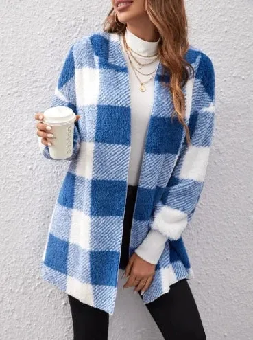 Winter Coats Woman 2024 Vintage Loose Plaid Woolen Cardigan Jacket Hooded Sweatshirt Casual Medium To Long Plush Cardigan Jacket