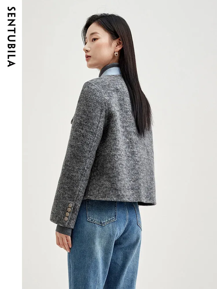 Winter Wool Blend Coats for Women Round Neck Long Sleeve Double-faced Woolen Cropped Jacket Elegant Outerwear