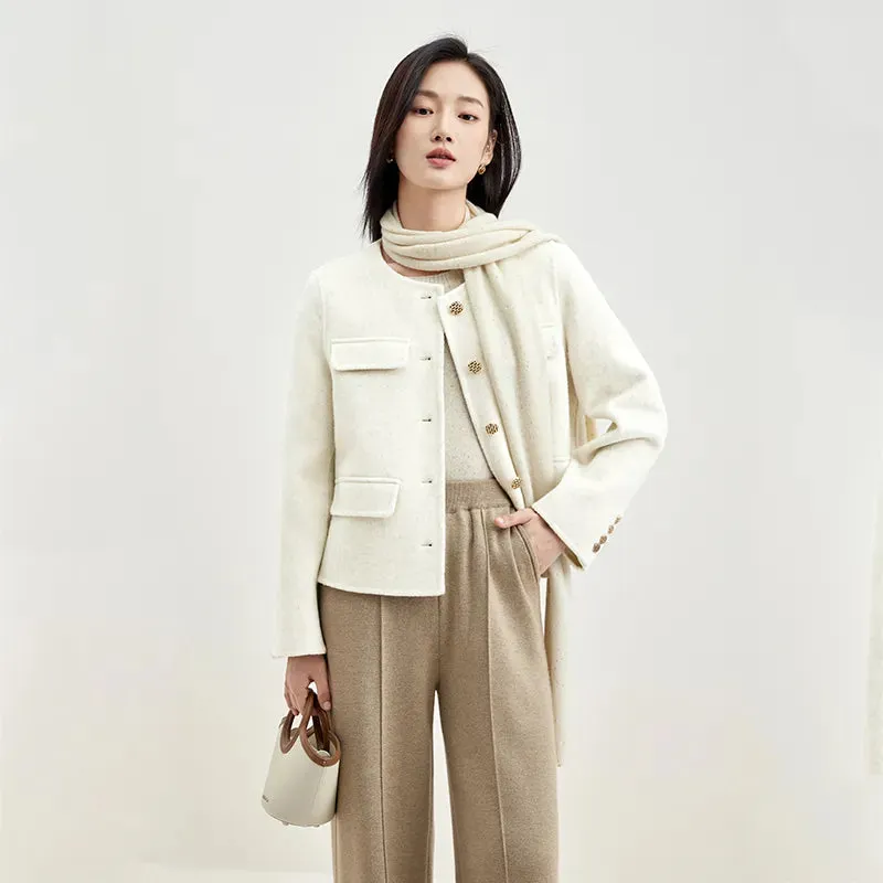 Winter Wool Blend Coats for Women Round Neck Long Sleeve Double-faced Woolen Cropped Jacket Elegant Outerwear