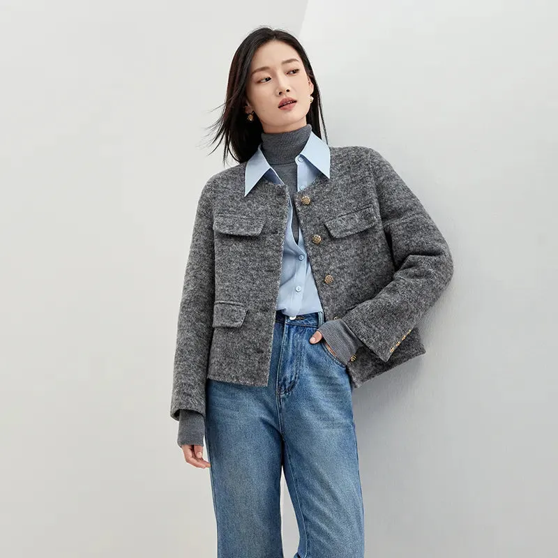 Winter Wool Blend Coats for Women Round Neck Long Sleeve Double-faced Woolen Cropped Jacket Elegant Outerwear