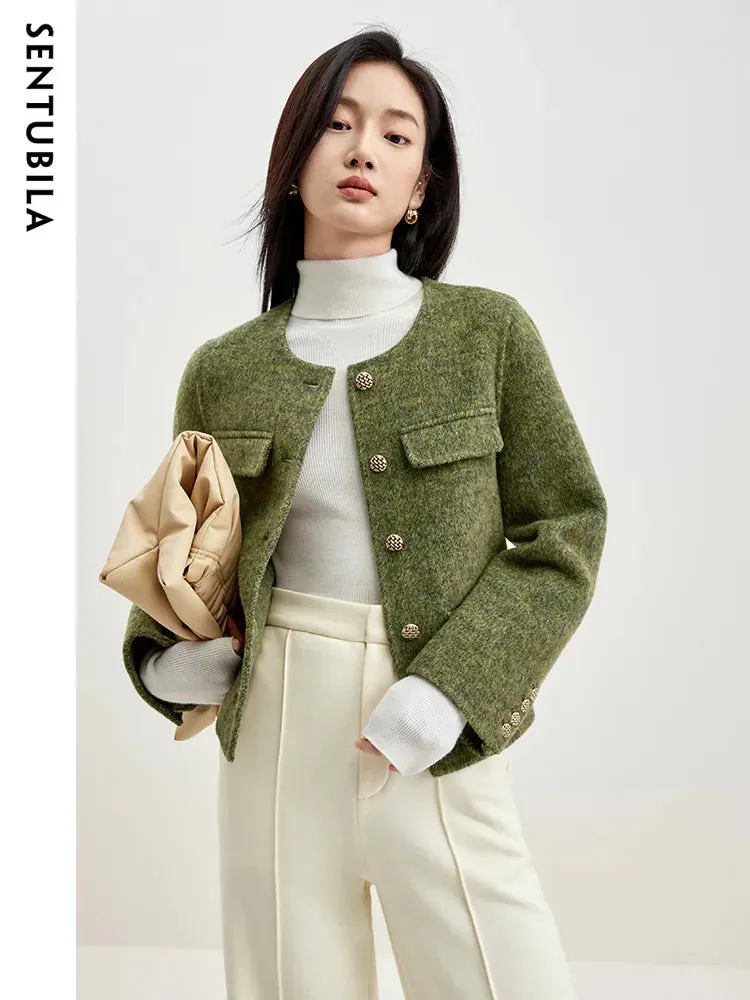 Winter Wool Blend Coats for Women Round Neck Long Sleeve Double-faced Woolen Cropped Jacket Elegant Outerwear
