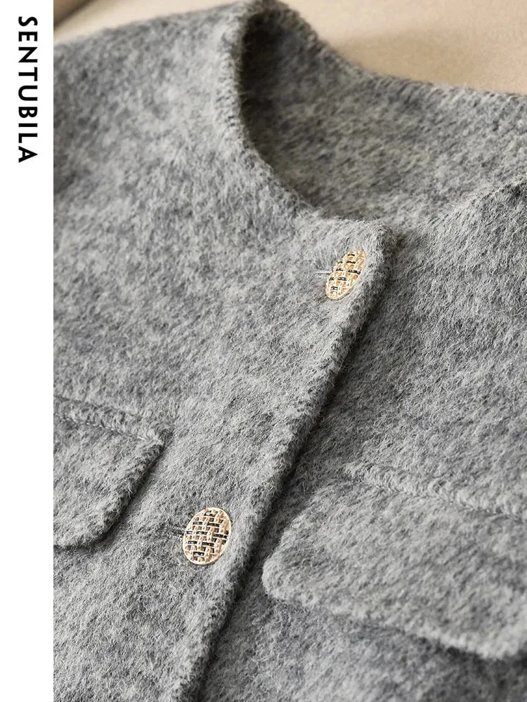 Winter Wool Blend Coats for Women Round Neck Long Sleeve Double-faced Woolen Cropped Jacket Elegant Outerwear