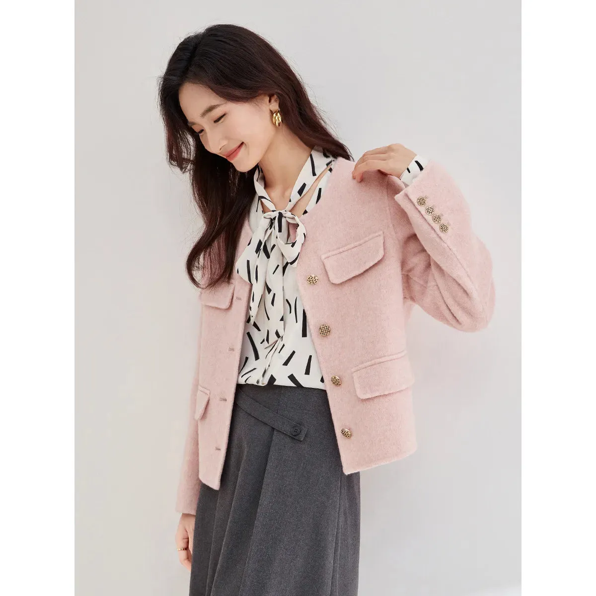Winter Wool Blend Coats for Women Round Neck Long Sleeve Double-faced Woolen Cropped Jacket Elegant Outerwear