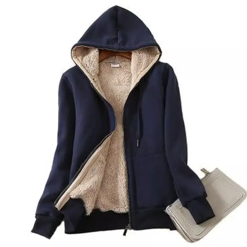 Women Casual Winter Coats Wide Female Jackets Sherpa Hooded Sweatshirt