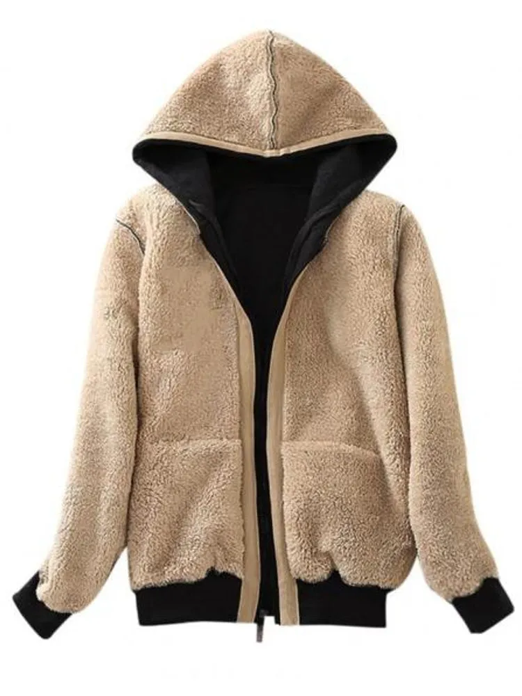 Women Casual Winter Coats Wide Female Jackets Sherpa Hooded Sweatshirt