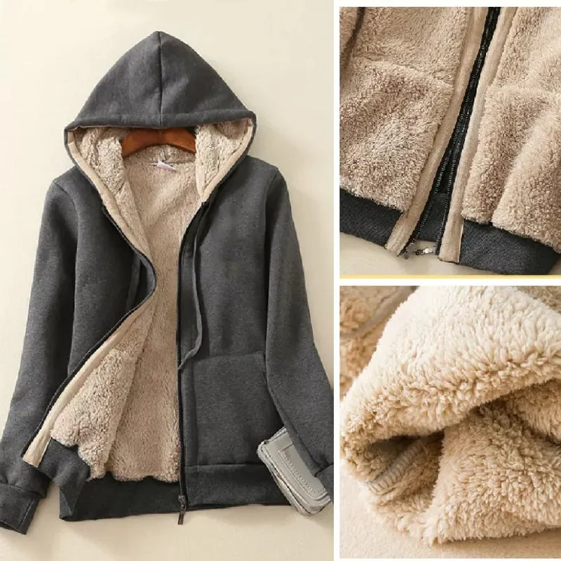 Women Casual Winter Coats Wide Female Jackets Sherpa Hooded Sweatshirt