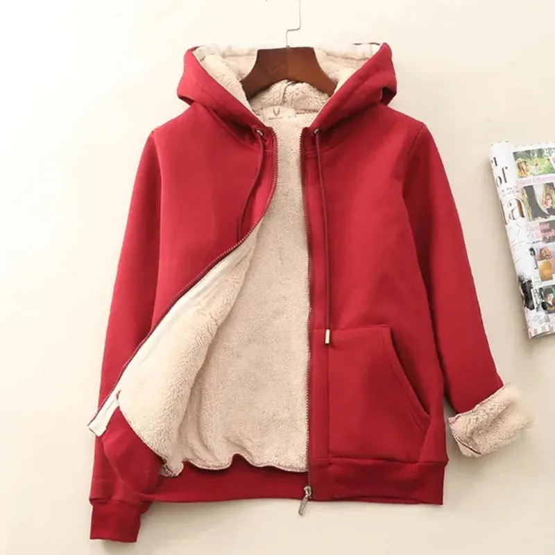Women Casual Winter Coats Wide Female Jackets Sherpa Hooded Sweatshirt
