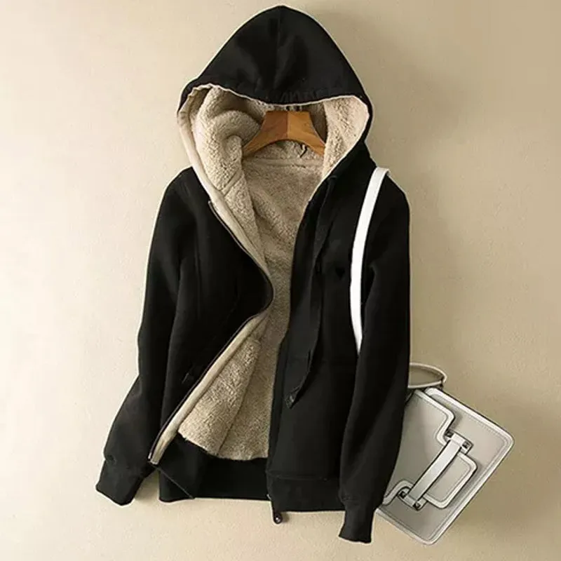Women Casual Winter Coats Wide Female Jackets Sherpa Hooded Sweatshirt