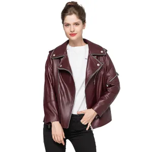Women Genuine Leather Jackets Sheepskin Motorcycle Jacket Wine Red Slim Coat