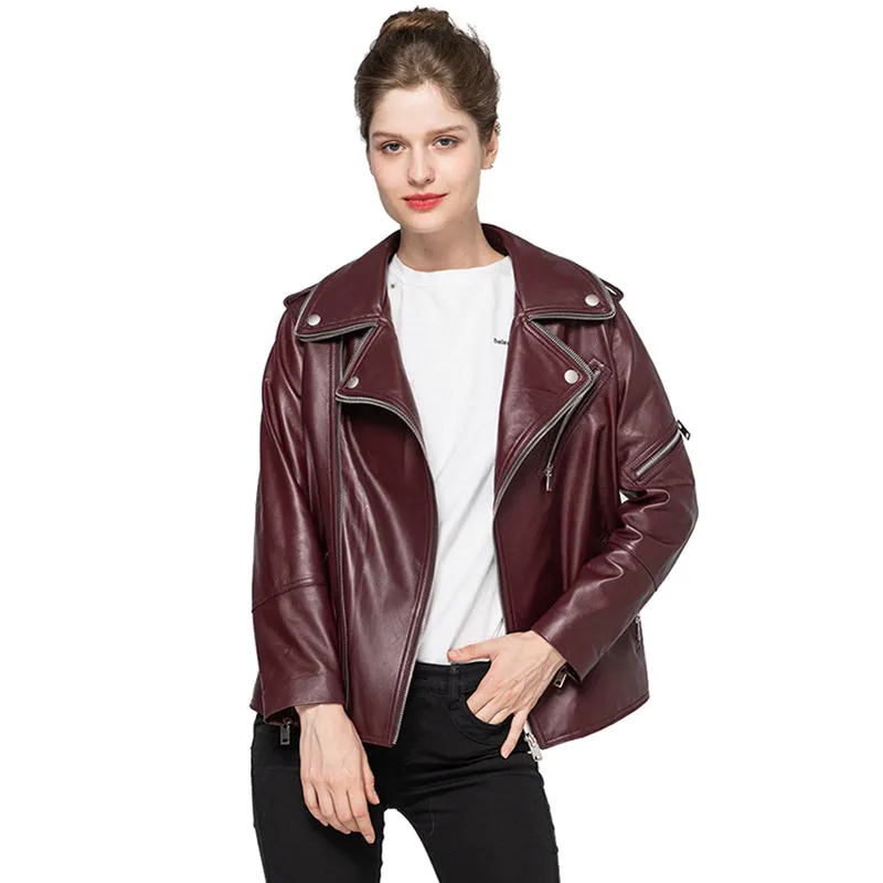 Women Genuine Leather Jackets Sheepskin Motorcycle Jacket Wine Red Slim Coat