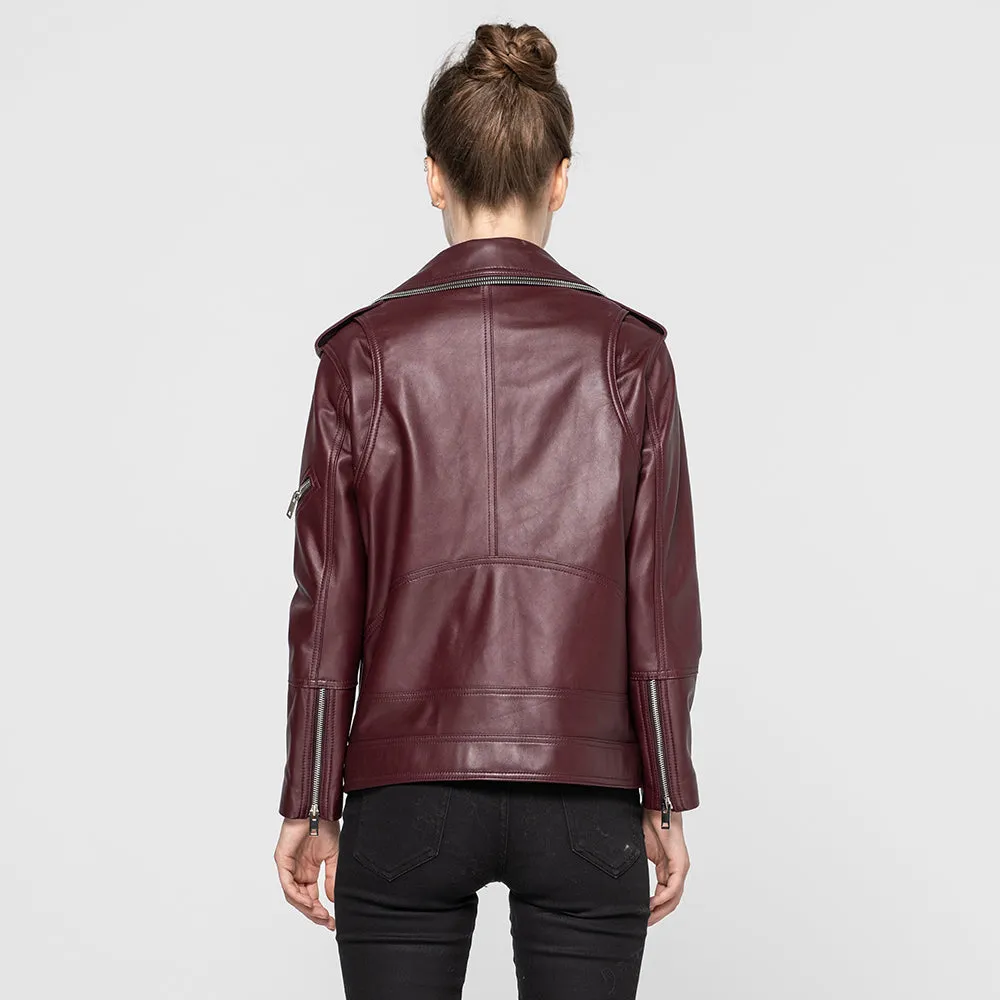 Women Genuine Leather Jackets Sheepskin Motorcycle Jacket Wine Red Slim Coat
