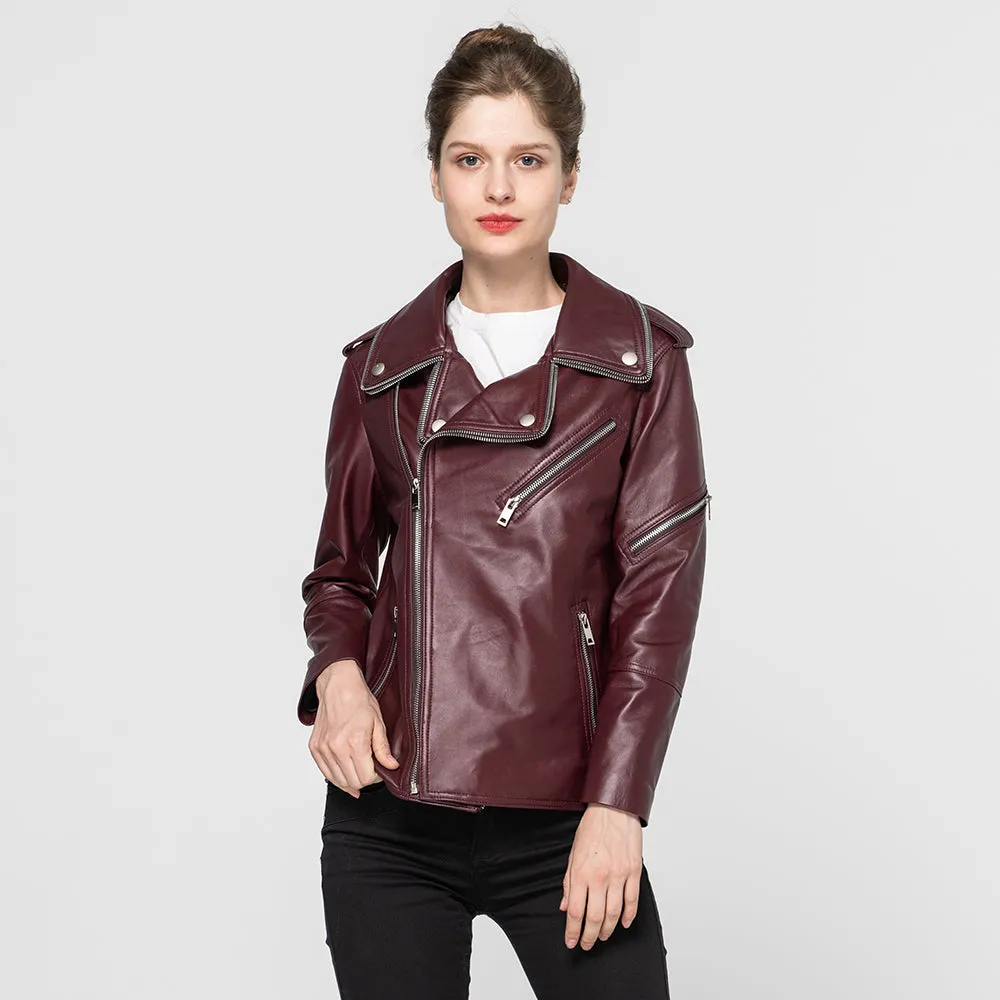 Women Genuine Leather Jackets Sheepskin Motorcycle Jacket Wine Red Slim Coat