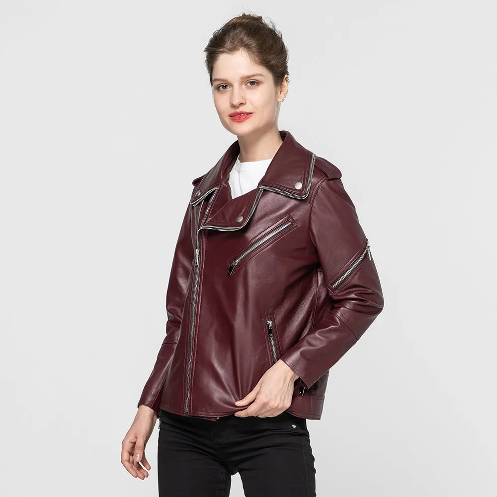 Women Genuine Leather Jackets Sheepskin Motorcycle Jacket Wine Red Slim Coat
