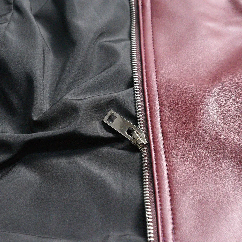 Women Genuine Leather Jackets Sheepskin Motorcycle Jacket Wine Red Slim Coat