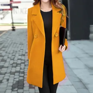 Women Lapel Wool Blends Coats Ladies Long Sleeve Jacket Double Breasted Outerwear Elegant Office Woolen Long Winter Overcoat