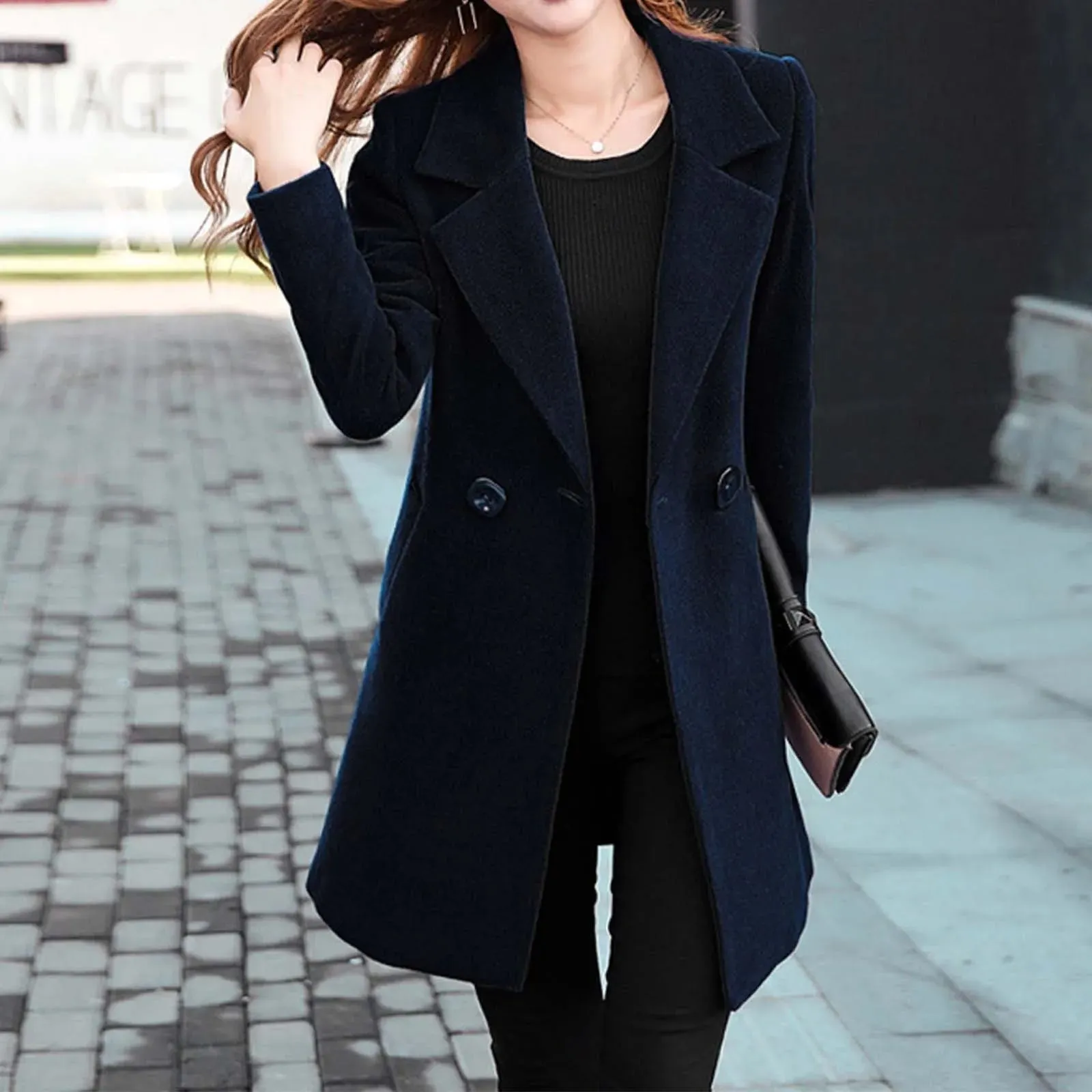 Women Lapel Wool Blends Coats Ladies Long Sleeve Jacket Double Breasted Outerwear Elegant Office Woolen Long Winter Overcoat